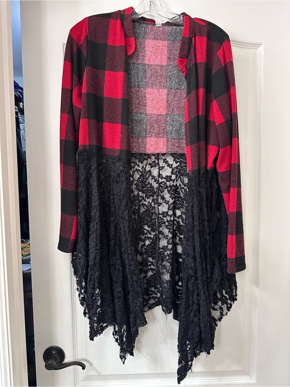 Red & Black Buffalo Plaid Lace-Trim Open Cardigan-XL